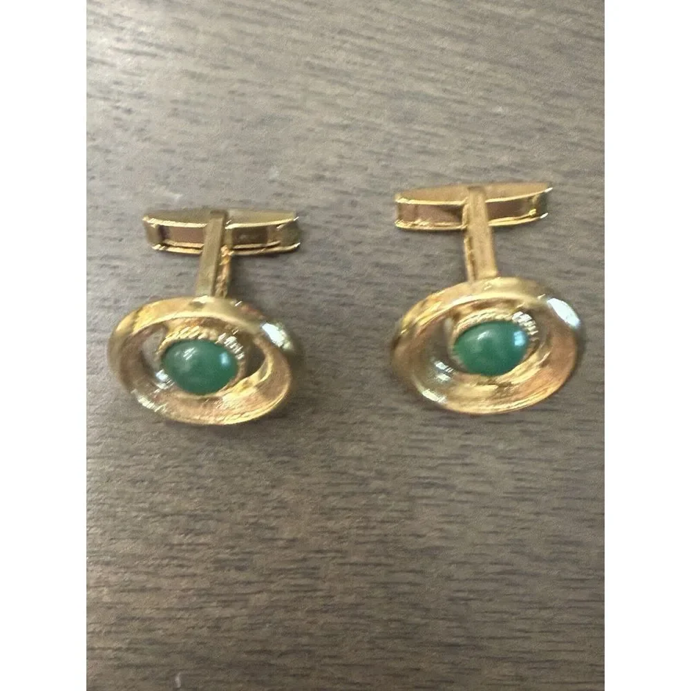 Vintage Jade Prong Set Arched‎ Border Yellow Gold Plated Cuff Links #31